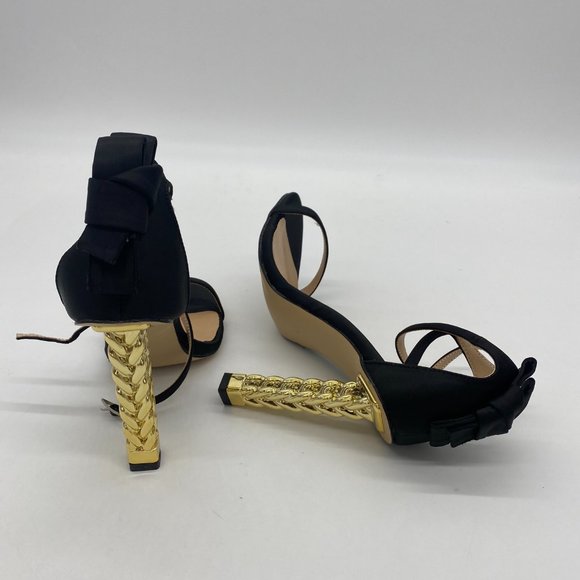 A FSJ Black Bows Gold Metal Chain Chunky High Heels Ankle Strap Sandals - Picture 6 of 10